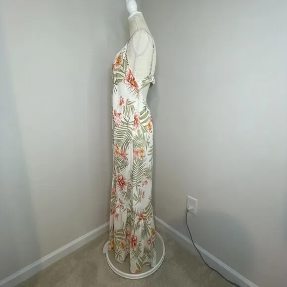 Vestique Floral Full Button Thigh Slit V Neck Maxi Dress Tropical Boho Womens L - Picture 4 of 10